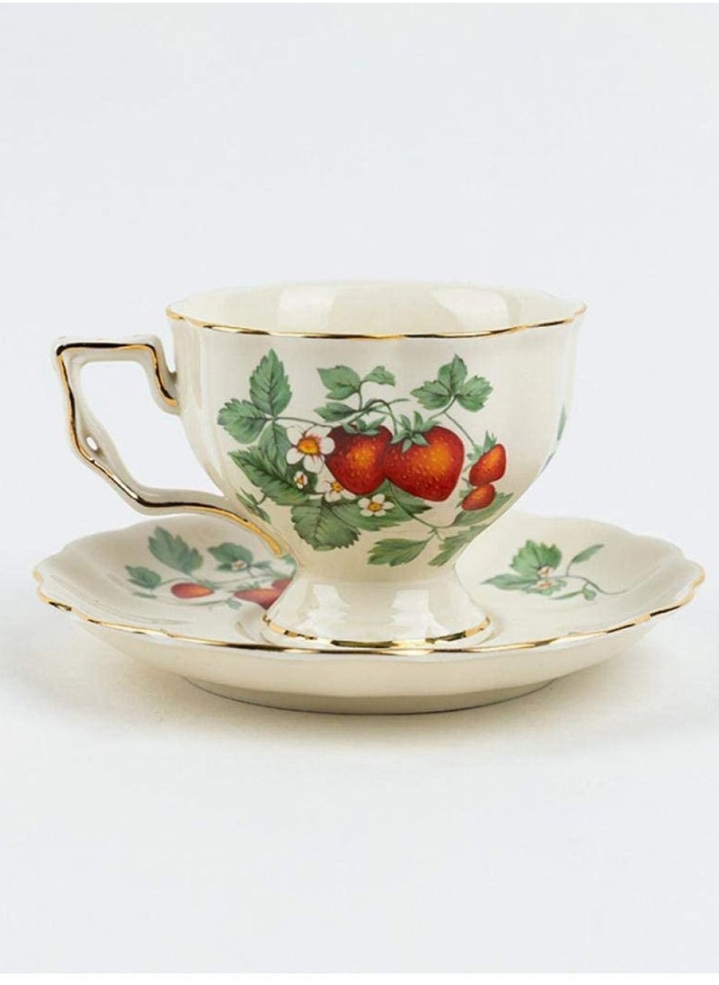 Captaintech Vintage Porcelain Tea Cup Coffee Mug Set Morning with Gold Trim Gift Box Saucer Teaspoon 220ml ( Strawberry Cake)  - Image 1
