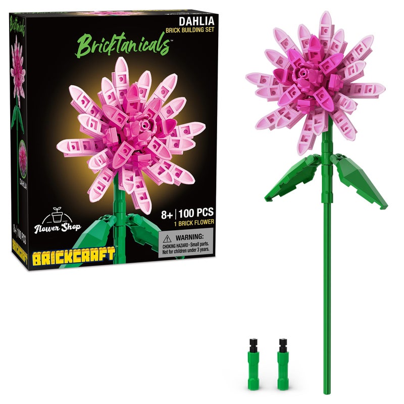 Brickcraft Botanicals Pink Dahlia Flower Building Bricks Set - 100 Piece Compatible Building Blocks Kit for Adults & Kids - DIY Botanical Collection Home Decor Display Model - STEM Gift Ages 8+ - Image 1