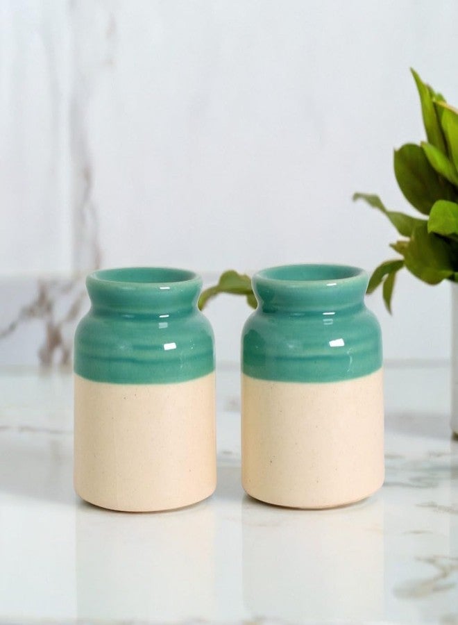 Vynora Handcrafted Ceramic Salt & Pepper Shaker Set – Dual Tone Green & Beige, Minimalist Design-60ML - Image 1