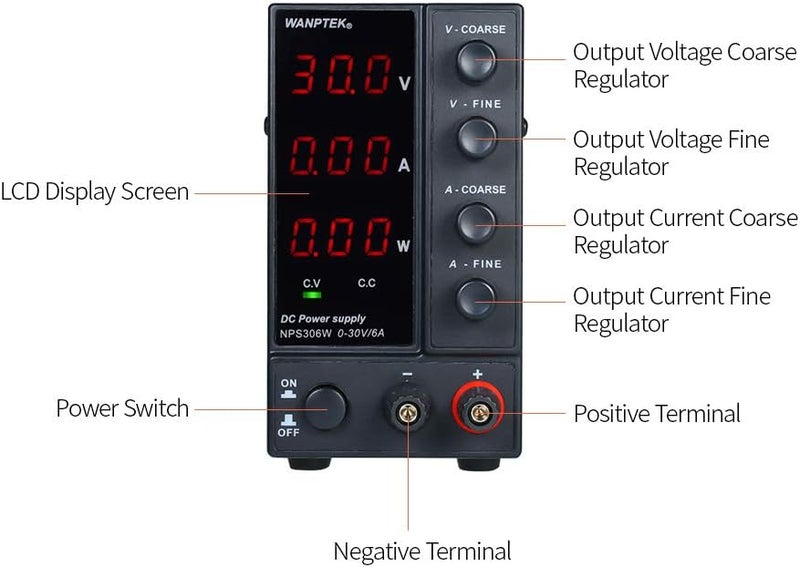 NPS306W 0-30V 0-6A Switching DC Power Supply 3 Digits Display LED High Precision Adjustable Mini Power Supply AC 115V/230V 50/60Hz Voltage & Current Regulated Dual Output - Image 3