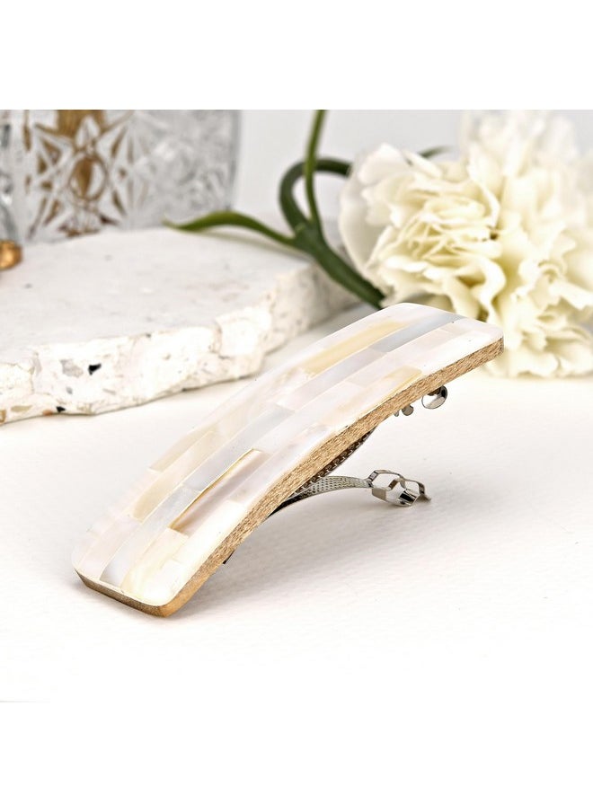 AeraVida Eravida Shimmering Iridescence Mosaic White Mother Of Pearl Shell Hair Clip ; Mother Of Pearl Hair Clip ; Flat Hair Clip ; Iridescent Hair Clip ; Wood Hair Clips ; Hair Clip For Women  - Image 3