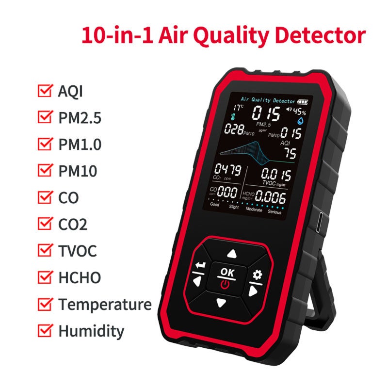 Indoor Air Analyzer Black-Red: Real-Time 10-Index Tracking - Multi-Sensor Precise Data Portable Air Monitor for Indoor Home, Office and On-The-Go Use - Image 4