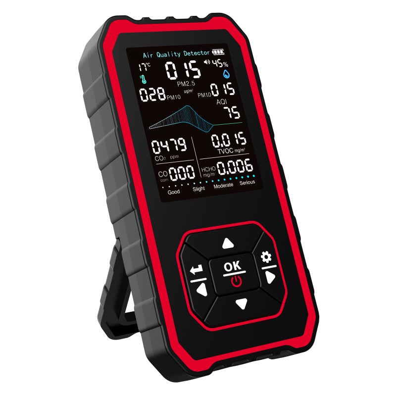 Indoor Air Analyzer Black-Red: Real-Time 10-Index Tracking - Multi-Sensor Precise Data Portable Air Monitor for Indoor Home, Office and On-The-Go Use - Image 1