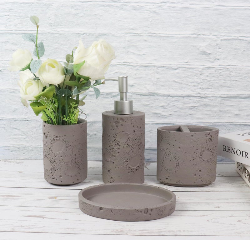 Hymmah Meteorites Bathroom Accessories Set,Farmhouse Bathroom Decor,4 Pcs Resin Gift Set Apartment Necessities, Contain Cotton Swab Jar,Soap Dispenser,Tumbler，Soap Dish/Tray - Image 5