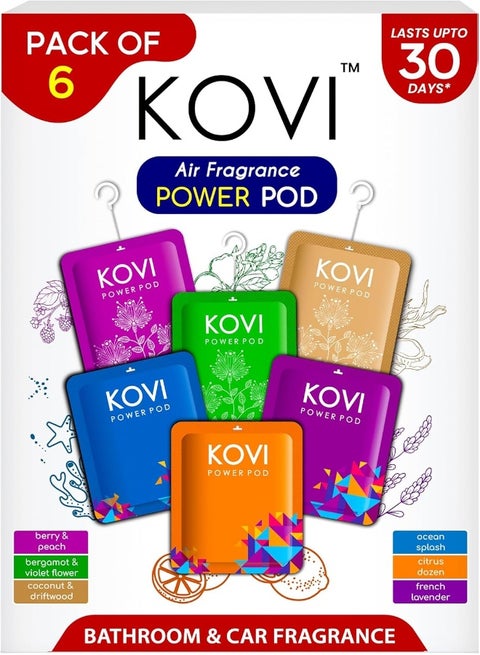 Air Fragrance Power Pod for Bathroom and Car, Infused with Essential Oils, Long Lasting Fragrances, Pack of 6 (10g Each)