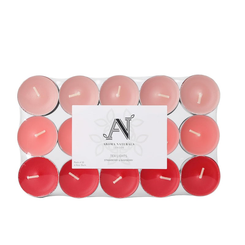 Aroma Naturals 30 Tea-Lights Pack Scented, Strawberry & RasberryScented | Burn Time - 4hrs each | Great for any occasion- Home, Spa, Celebrations or Romantic ambience - Image 1