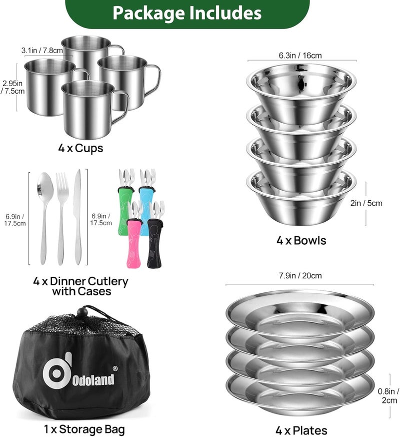 Odoland 29pcs Stainless Steel Utensils Camping Mess Kits with Bowls Plates Cups Forks Spoons and Knives for 4, Cutlery Flatware Set for Backpacking, Outdoor Camping Hiking and Picnic - Image 2