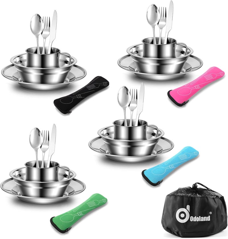Odoland 29pcs Stainless Steel Utensils Camping Mess Kits with Bowls Plates Cups Forks Spoons and Knives for 4, Cutlery Flatware Set for Backpacking, Outdoor Camping Hiking and Picnic - Image 1