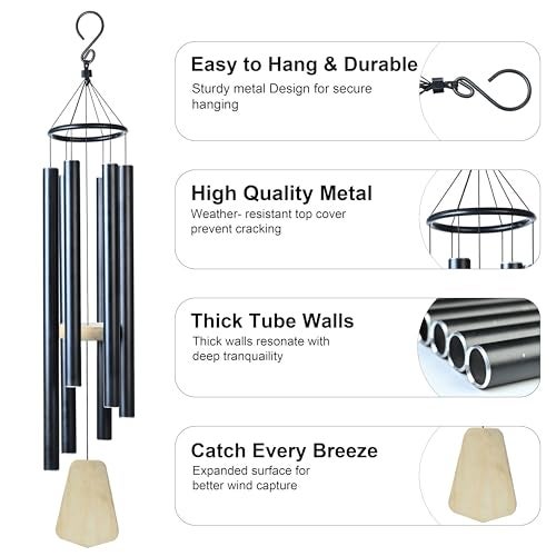 Hindcraft 41-Inch Big Wind Chimes – Windchime for Balcony - 6-Pipe Black Design, Wind Chimes for Living Room – Garden Decor, Balcony, or Bedroom Décor - Image 3