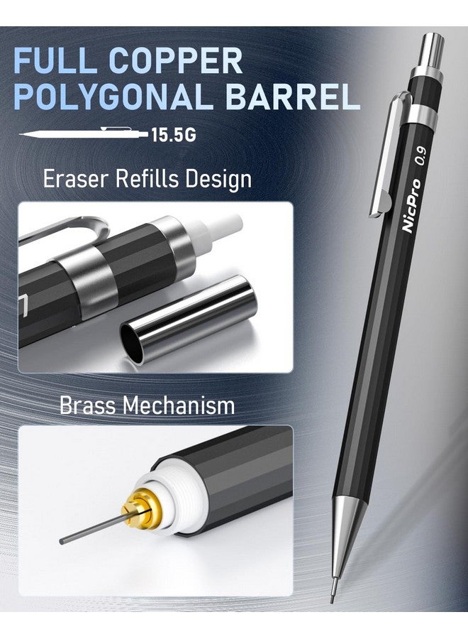 نيكبرو مجموعة أقلام رصاص ميكانيكية فنية مكونة من 6 قطع، قلم رصاص معدني أسود للرسم 0.3، 0.5، 0.7، 0.9 مم وقطعتين من حامل الرصاص الجرافيتي 2 مم (4B 2B Hb 2H) للكتابة والرسم التخطيطي مع 8 عبوات رصاص وحافظة ممحاة - Image 3