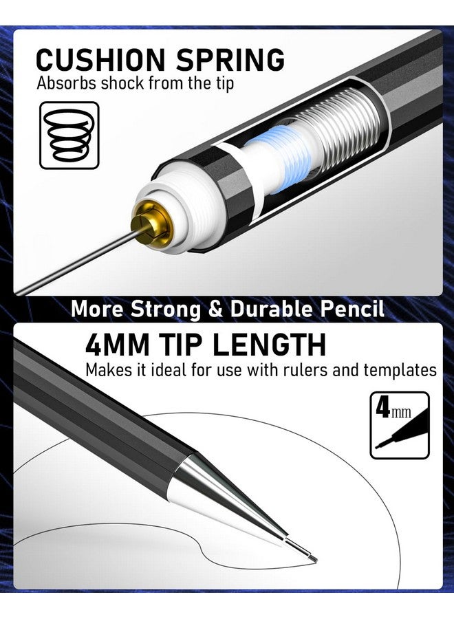 نيكبرو مجموعة أقلام رصاص ميكانيكية فنية مكونة من 6 قطع، قلم رصاص معدني أسود للرسم 0.3، 0.5، 0.7، 0.9 مم وقطعتين من حامل الرصاص الجرافيتي 2 مم (4B 2B Hb 2H) للكتابة والرسم التخطيطي مع 8 عبوات رصاص وحافظة ممحاة - Image 2