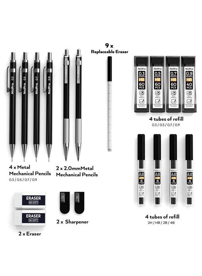 نيكبرو مجموعة أقلام رصاص ميكانيكية فنية مكونة من 6 قطع، قلم رصاص معدني أسود للرسم 0.3، 0.5، 0.7، 0.9 مم وقطعتين من حامل الرصاص الجرافيتي 2 مم (4B 2B Hb 2H) للكتابة والرسم التخطيطي مع 8 عبوات رصاص وحافظة ممحاة - Image 5