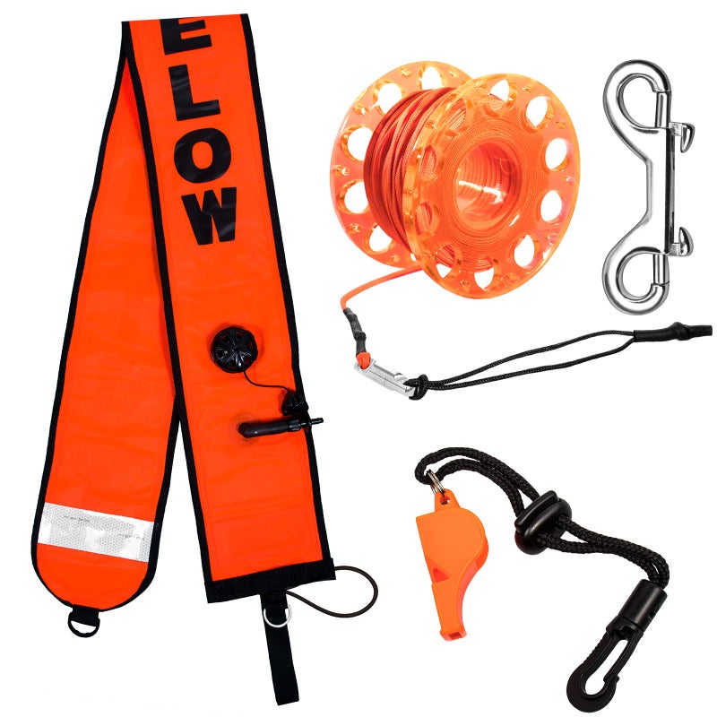 5ft Orange Scuba Diving Surface Marker Buoy SMB Safety Sausage with Plastic 98ft Finger Spool Reel and Double Ended Hook Clip Emergency Whistle for Underwater Diving Snorkeling Orange