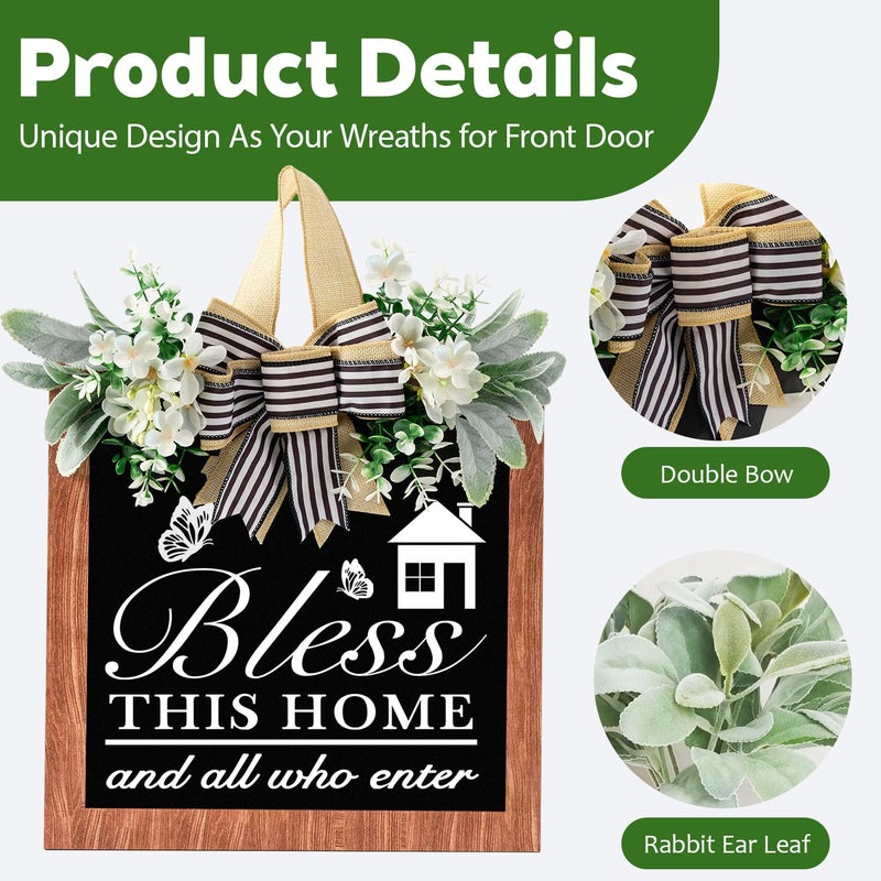 GAOMEIDA 14'' Bless This Home and All Who Enter Wooden Door Sign - Welcome Porch Wall Sign with Bow-knot Wreath, Rustic Outdoor Decor for Front Door, Housewarming Gift for Front door/Entryway/Kitchen/Garden/Porch (All Seasons) (color-C) - Image 5