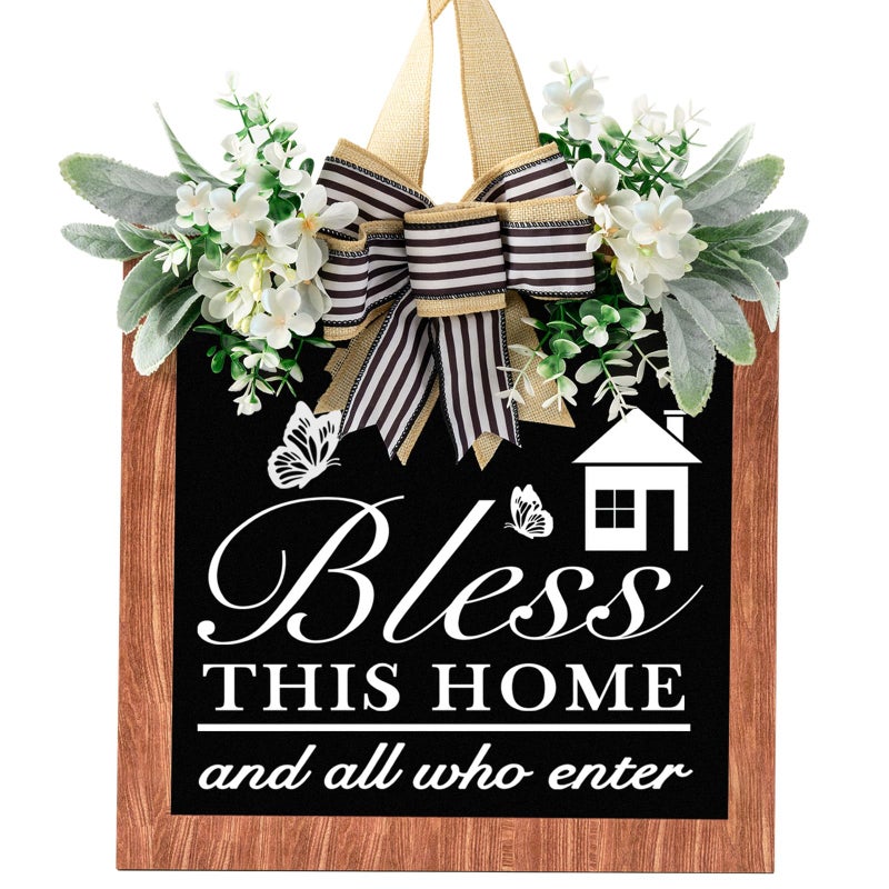 GAOMEIDA 14'' Bless This Home and All Who Enter Wooden Door Sign - Welcome Porch Wall Sign with Bow-knot Wreath, Rustic Outdoor Decor for Front Door, Housewarming Gift for Front door/Entryway/Kitchen/Garden/Porch (All Seasons) (color-C) - Image 1
