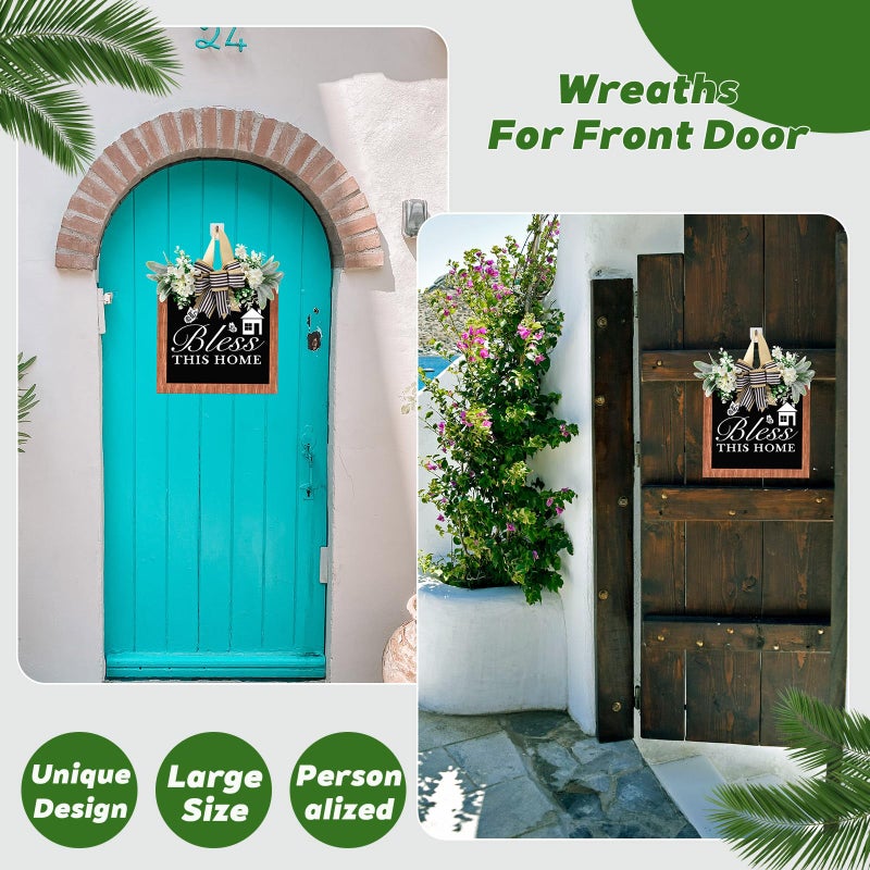 GAOMEIDA 14'' Bless This Home and All Who Enter Wooden Door Sign - Welcome Porch Wall Sign with Bow-knot Wreath, Rustic Outdoor Decor for Front Door, Housewarming Gift for Front door/Entryway/Kitchen/Garden/Porch (All Seasons) (color-C) - Image 4