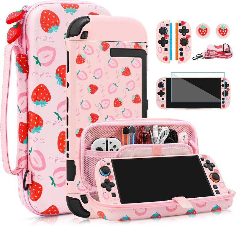 FANPL Cute Carrying Case for Nintendo Switch 2, Protective Cover Accessories Bundle with Travel Skin, Hard Shell, Adjustable Shoulder Strap, Thumb Grips, Screen Protector (Pink Strawberry) - Image 1