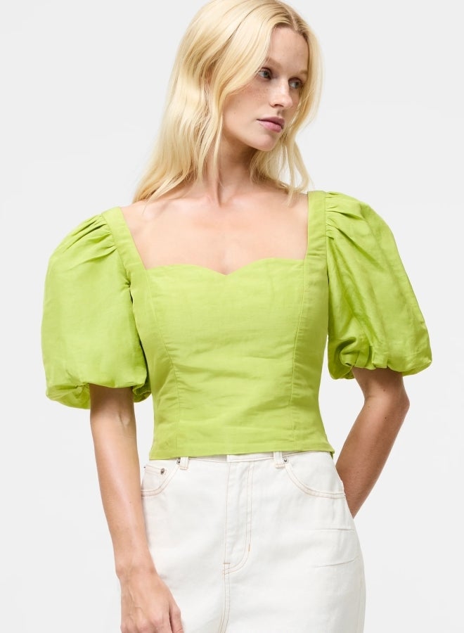 French Connection Islay Linen Puff Sleeve Crop Top - Image 1