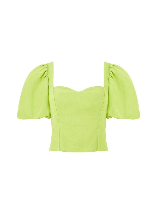 French Connection Islay Linen Puff Sleeve Crop Top - Image 4