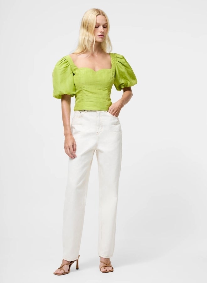 French Connection Islay Linen Puff Sleeve Crop Top - Image 2