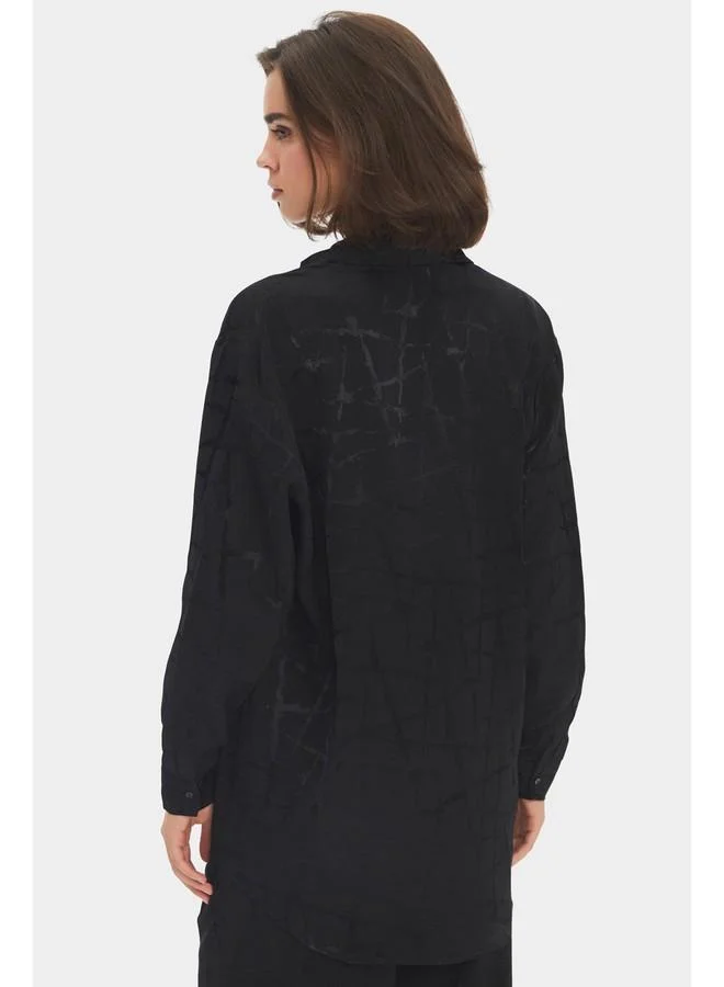جون June Women Exclusive Oversize/Loose Fit Viscose Blend Self-Fited Shirt Black