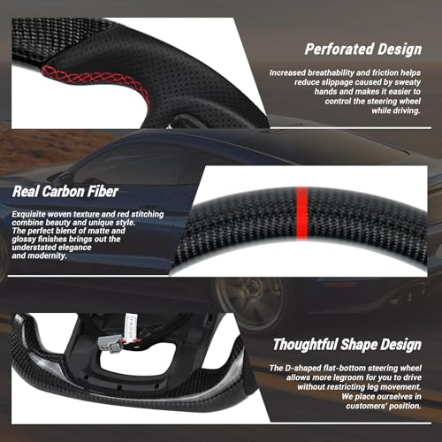 LOSCHEN Carbon Fiber Steering Wheel for F150 Raptor 2021-2024, D-shaped Flat-bottom Steering Wheel Preforated Leather Grip (with Paddle Shifters and Heating Function) - Image 3