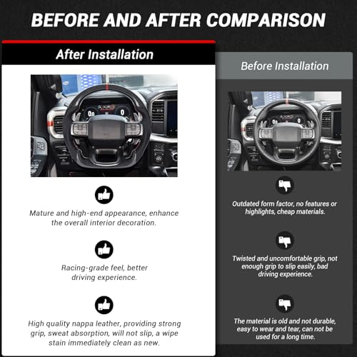 LOSCHEN Carbon Fiber Steering Wheel for F150 Raptor 2021-2024, D-shaped Flat-bottom Steering Wheel Preforated Leather Grip (with Paddle Shifters and Heating Function) - Image 4