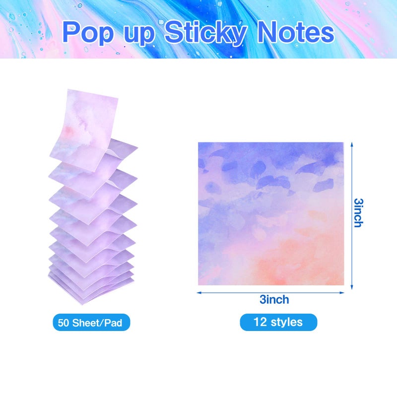 FASBET 12 Pads Pop up Sticky Notes, 3x3 Cute Gradient Watercolor Self Stick Notes Pads, Multi Color Super Adhesive Memo Pads Refills, Easy to Post Paper Home Office Notebooks Supplies Accessories - Image 2