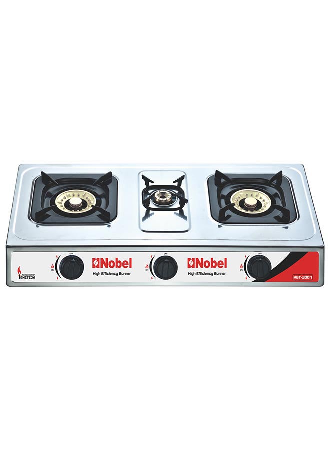 Nobel 3 Gas Burner/3 High Efficiency Burner Gas Stove Cold Steel Paint Finish Look and Piezo Ignition, with 90mm Single Burner, 40mm Single Burner, 90mm Double Brass Cover NGT3007 Stainless Steel - Image 1