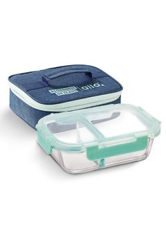 Allo Allo FoodSafe Compartment Glass Lunch Box with Break Free Lock, Oven & Microwave Safe, Borosilicate Glass Container with Partition Divider, Office Tiffin with Denim Blue Bag, 580ml, Rectangle  - Image 1