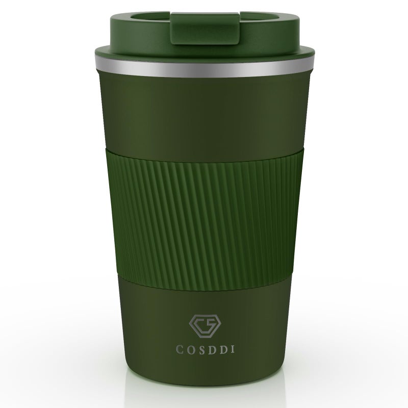 CS COSDDI Travel Mugs Insulated Coffee Cup with Leakproof Lid  Reusable Coffee Cups Travel  Car Coffee Cup  Stainless Steel Coffee Mug for Hot and Cold Water and Tea GreenA 380 ml