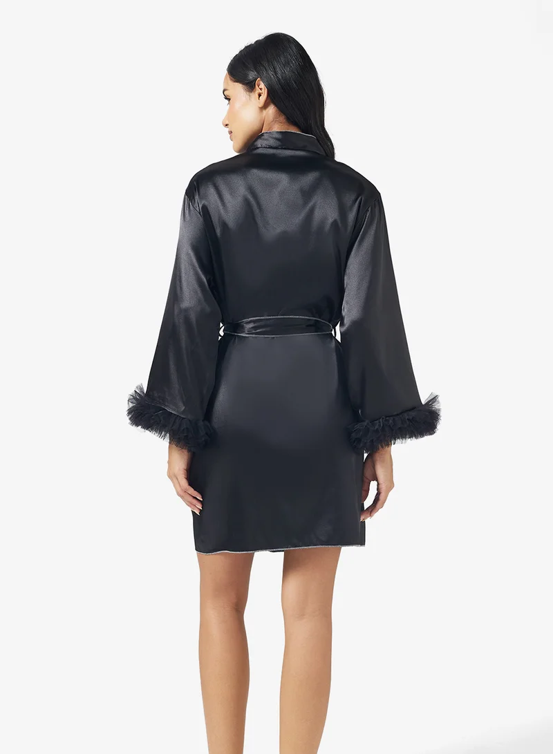 Ginger Satin Robe with Feather Detail