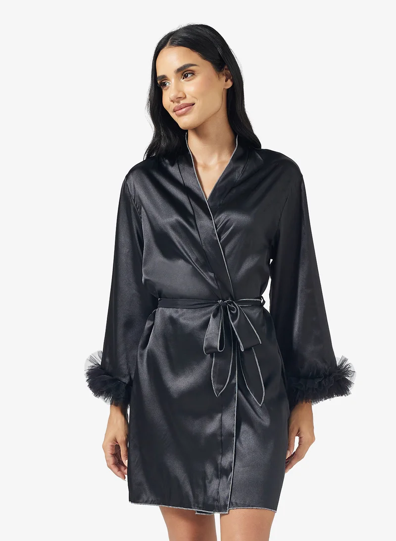 Ginger Satin Robe with Feather Detail