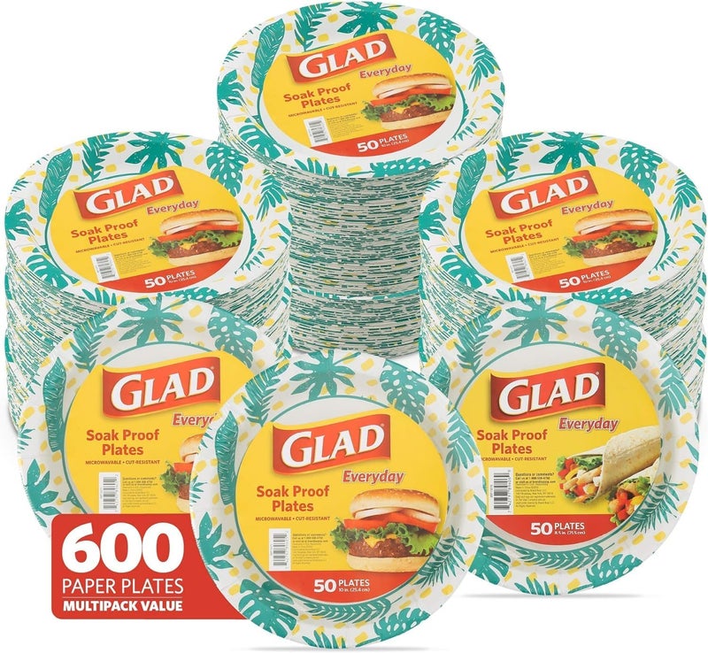 Glad Round Disposable Paper Plates, Palm Leaves Pattern - Strong, Sturdy, Soak Proof, and Microwavable Decorative Plates for Dinner and Everyday Use, 10 Inch, 50 Count - 12 Pack - Image 1