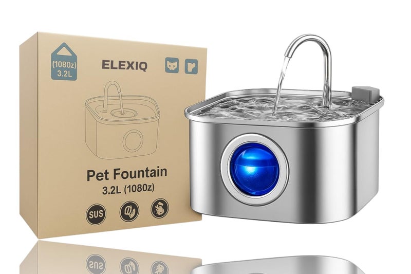ELEXIQ Cat Water Fountain, 3.2L/108oz Automatic Stainless Steel Pet Dog Water Dispenser with Super Quiet&Transparent Window Design- Ideal for Cats, Dogs and Multiple Pets (Silver, Fountain-1) - Image 1