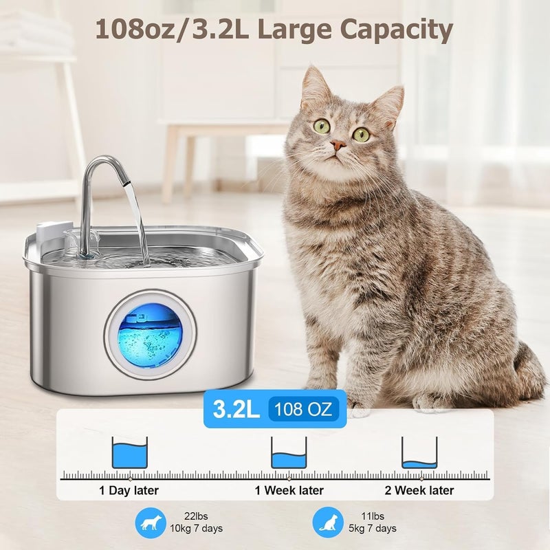 ELEXIQ Cat Water Fountain, 3.2L/108oz Automatic Stainless Steel Pet Dog Water Dispenser with Super Quiet&Transparent Window Design- Ideal for Cats, Dogs and Multiple Pets (Silver, Fountain-1) - Image 5