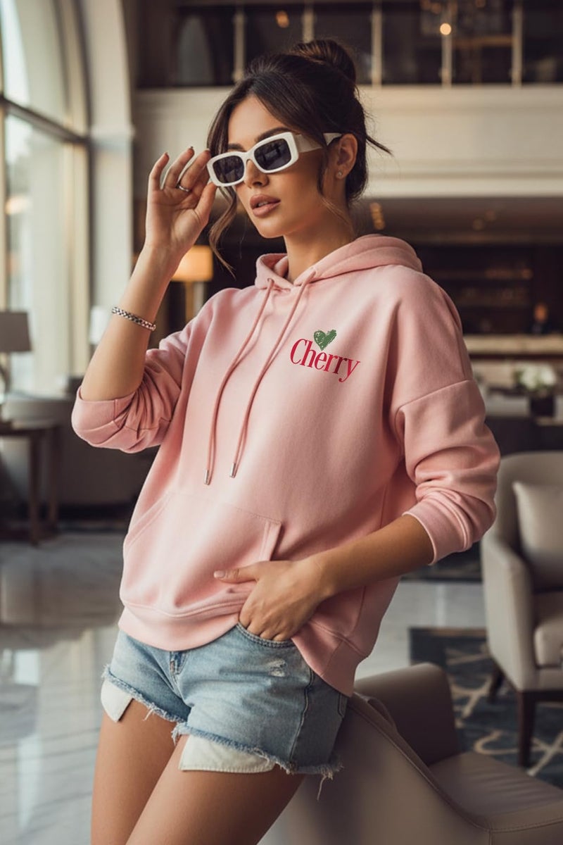 JUNEBERRY® Polycotton Spun Oversized Fit Drop Shoulder Hooded Sweatshirt Full Sleeves Back Graphic Printed Jumper Hoodie for Women (OS_JB_HD_CHRY_PP_XXL) Pale Pink - Image 3