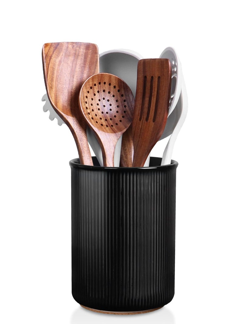 LoeJan Utensil Holder, Extra Large Utensil Crock, Stable Ceramic Utensil Organizer, Cooking Tool Organizer Set for Kitchen Counter Farmhouse Decor (F-6.7" Black) - Image 1