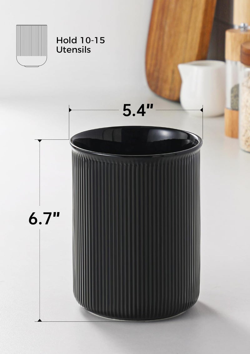 LoeJan Utensil Holder, Extra Large Utensil Crock, Stable Ceramic Utensil Organizer, Cooking Tool Organizer Set for Kitchen Counter Farmhouse Decor (F-6.7" Black) - Image 2