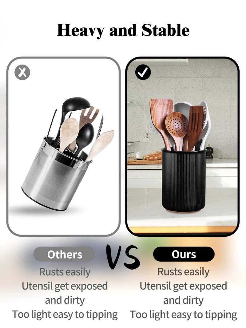 LoeJan Utensil Holder, Extra Large Utensil Crock, Stable Ceramic Utensil Organizer, Cooking Tool Organizer Set for Kitchen Counter Farmhouse Decor (F-6.7" Black) - Image 5