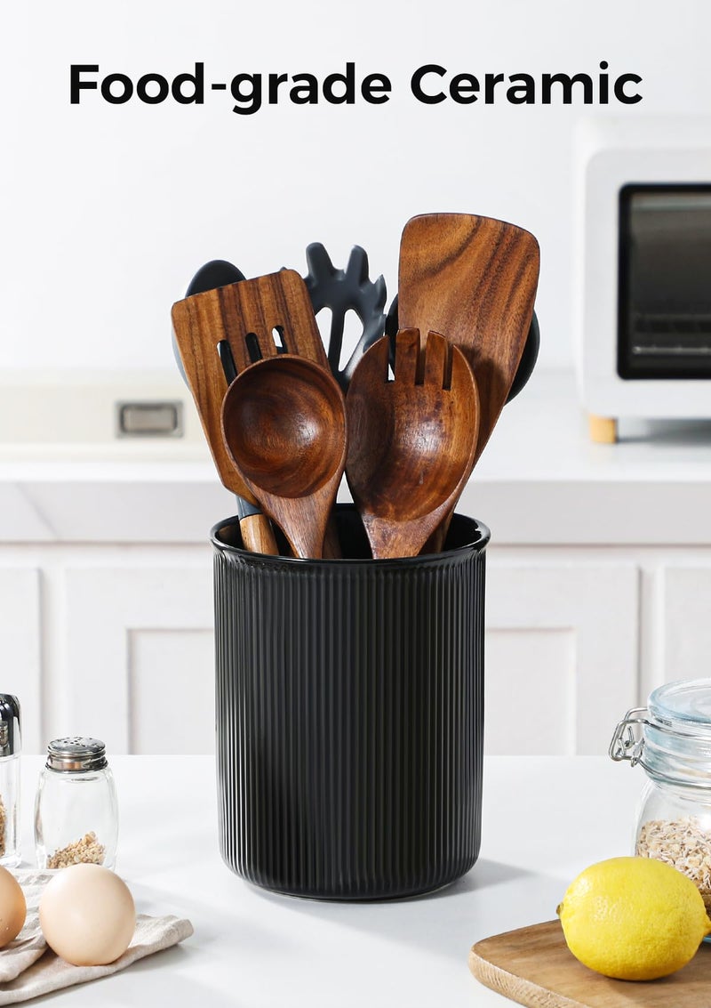 LoeJan Utensil Holder, Extra Large Utensil Crock, Stable Ceramic Utensil Organizer, Cooking Tool Organizer Set for Kitchen Counter Farmhouse Decor (F-6.7" Black) - Image 4