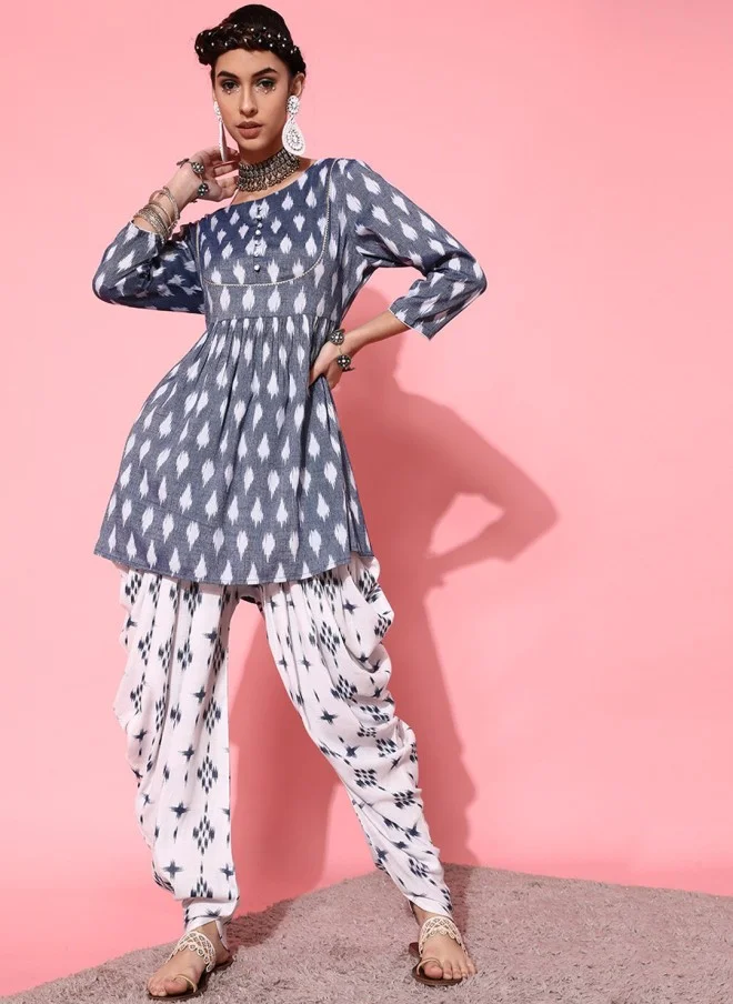 Indo Street Indo Street Printed Pure Cotton Ikat Kurti with Dhoti Pants
