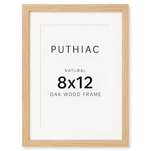 puthiac 8x12 Solid Oak Wood Picture Frame, Fits 6x8 with Mat or 8x12 Without Mat, Wall or Tabletop Display with Stand, Vertical or Horizontal, Plexi Front, 1 Pack, Natural Oak - Image 1