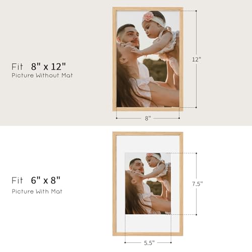 puthiac 8x12 Solid Oak Wood Picture Frame, Fits 6x8 with Mat or 8x12 Without Mat, Wall or Tabletop Display with Stand, Vertical or Horizontal, Plexi Front, 1 Pack, Natural Oak - Image 4