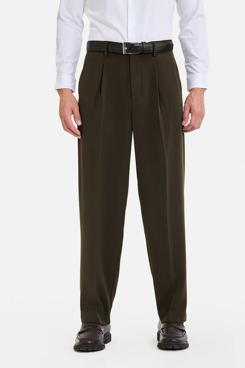 سنيتش Dark Brown Solid Loose Fit Streetwear Trousers