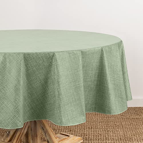 Elrene Home Fashions Monterey Linen Inspired Water and StainResistant Vinyl Tablecloth with Flannel Backing 60 inches X 84 inches Oval Sage - Image 1