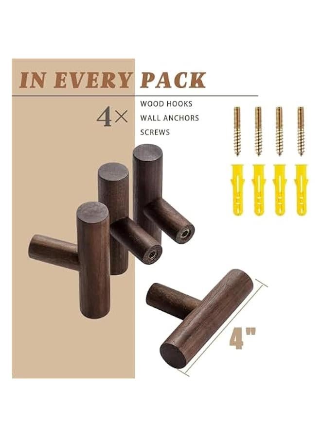 HOOKOR 4Pack Coat Hooks, Wall Mounted Pegs Wooden Organizer Hangers Single Hooks Natural Wood Hangers Rustic Wall Pegs Minimalist Hook Design for Hanging Hat, Towel, Bag, Rope (Walnut Wood) - Image 3
