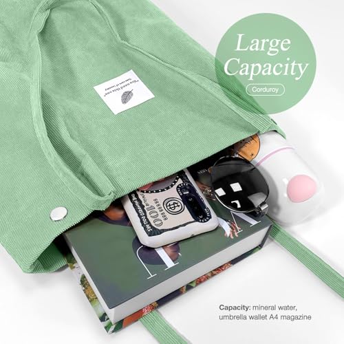 LHMTQVK Corduroy Tote Bags for Women, Large Capacity Corduroy Bag Reusable Grocery Shoulder Bag with Inner Pockets (Bean) - Image 3