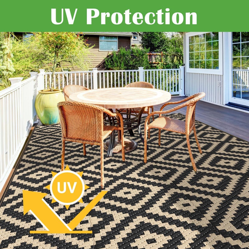 Mattitude Waterproof Outdoor Rug 5x8 Ft Outdoor Plastic Straw Rug Reversible Patio Rug Large Outdoor Carpet Area Rug for Patio Backyard Picnic Beach Camping RV Black & Beige - Image 3