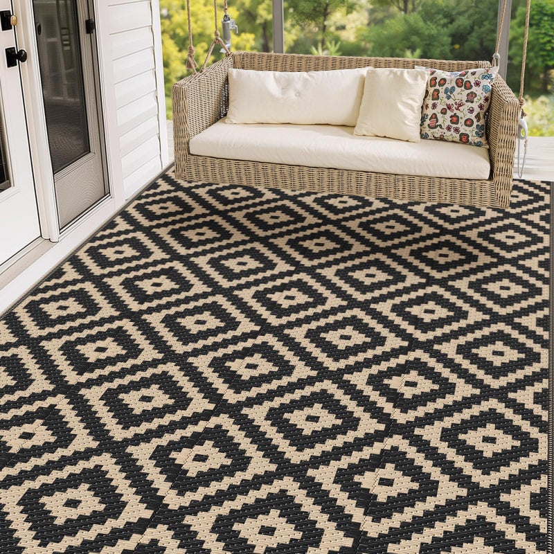 Mattitude Waterproof Outdoor Rug 5x8 Ft Outdoor Plastic Straw Rug Reversible Patio Rug Large Outdoor Carpet Area Rug for Patio Backyard Picnic Beach Camping RV Black & Beige - Image 1